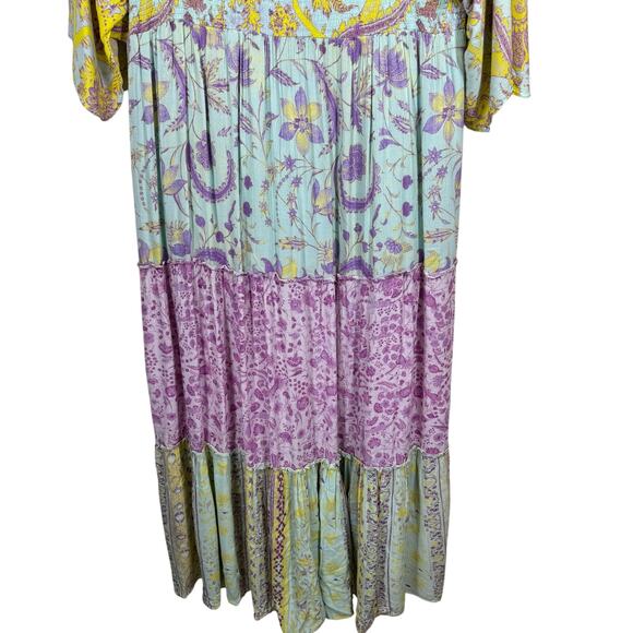 Hemant & Nandita Maxi Dress Women’s Size Medium Green Floral V-Neck Boho Style - Picture 10 of 15